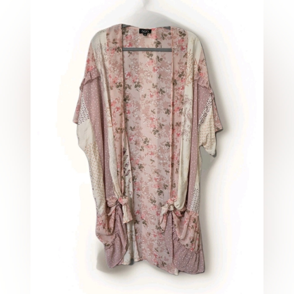 GIGIO by UMGEE Patchwork Print and Mixed Ruffle Chiffon Kimono Swim Cover Up - Picture 3 of 5